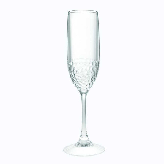 Single unbreakable plastic champagne flute with textured base, 6oz capacity, ideal for elegant and durable drinkware use.