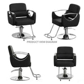 Black salon chair with chrome base shown from multiple angles on a white background.