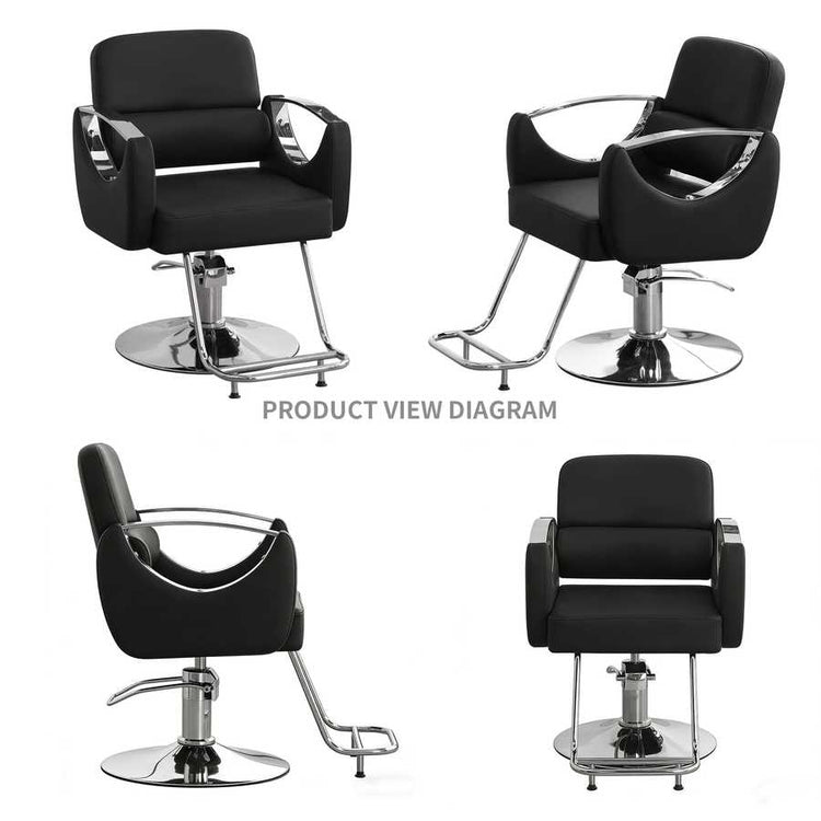 Black salon chair with chrome base shown from multiple angles on a white background.