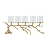 A five-light branch-shaped wall candle holder with a gold-finished metal base shaped like tree branches and five clear cylindrical glass shades, shown on a plain white background.