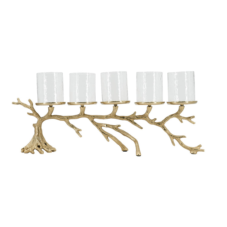 A five-light branch-shaped wall candle holder with a gold-finished metal base shaped like tree branches and five clear cylindrical glass shades, shown on a plain white background.