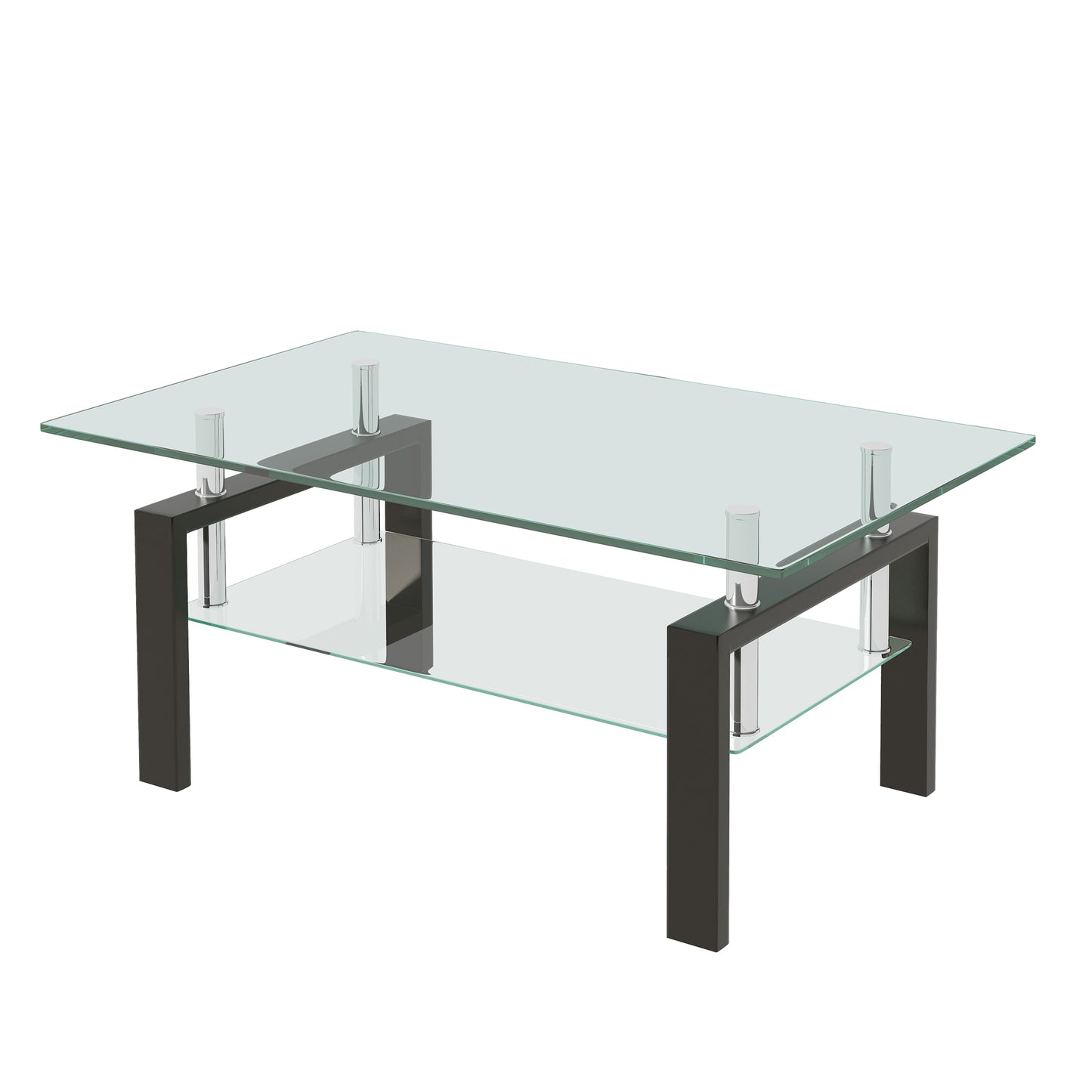 Modern Tempered Clear Glass Coffee Table with 2-Layers and Waterfall Edges for Living Room Default