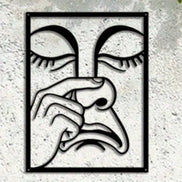 Whimsical Nose Picking Expression Wall Art on textured wall, adds humor and personality to home or garden spaces.