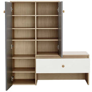Interior view of the shoe storage bench & cabinets with doors and drawer open, revealing multiple adjustable shelves for shoes.