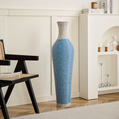 Striped blue 39-inch floor vase decor styled in a white-themed living room, perfect for minimalist and modern interiors.