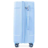 Light blue suitcase with wheels on a white background