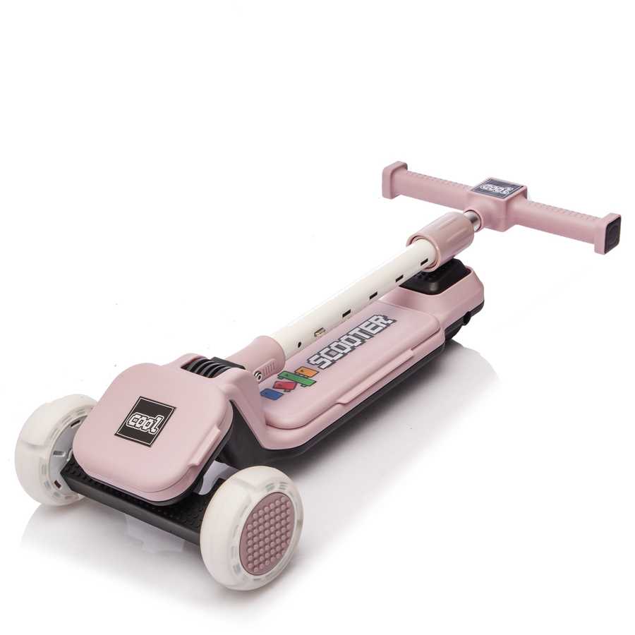Close-up of pink scooter deck with LEGO bricks for kids
