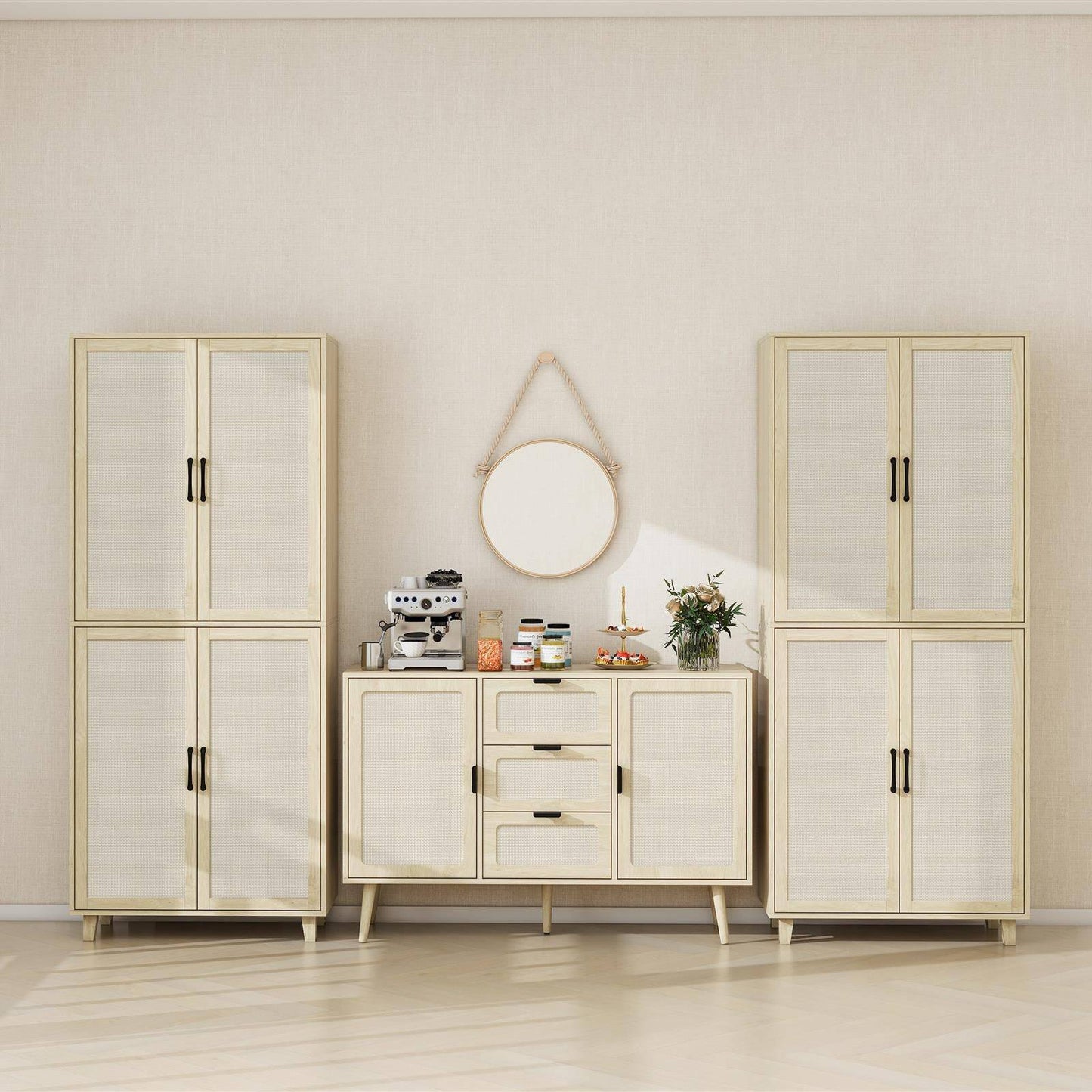 4 Door Cabinet, with 4 Adjustable Inner Shelves, Storage Cabinet