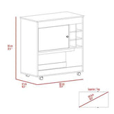 A line drawing schematic of a rolling storage cabinet with red dimension labels showing height, width, and depth, plus a small inset diagram of a superior/top profile measurement.