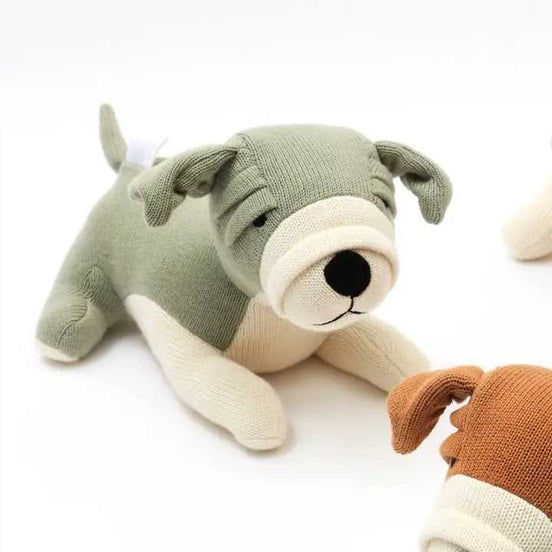 Knitted stuffed dog plush toy, soft cotton, green, pet and kid cuddly toy
