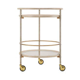 Beige and gold bar cart with wheels on a white background