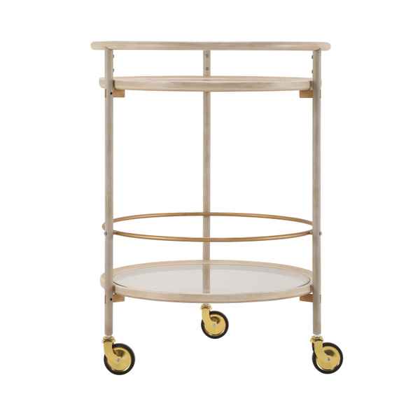 Beige and gold bar cart with wheels on a white background