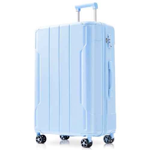 A light blue hard-shell spinner suitcase with an extended telescopic handle, shown on a clean white background.
