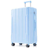 A light blue hard-shell spinner suitcase with an extended telescopic handle, shown on a clean white background.