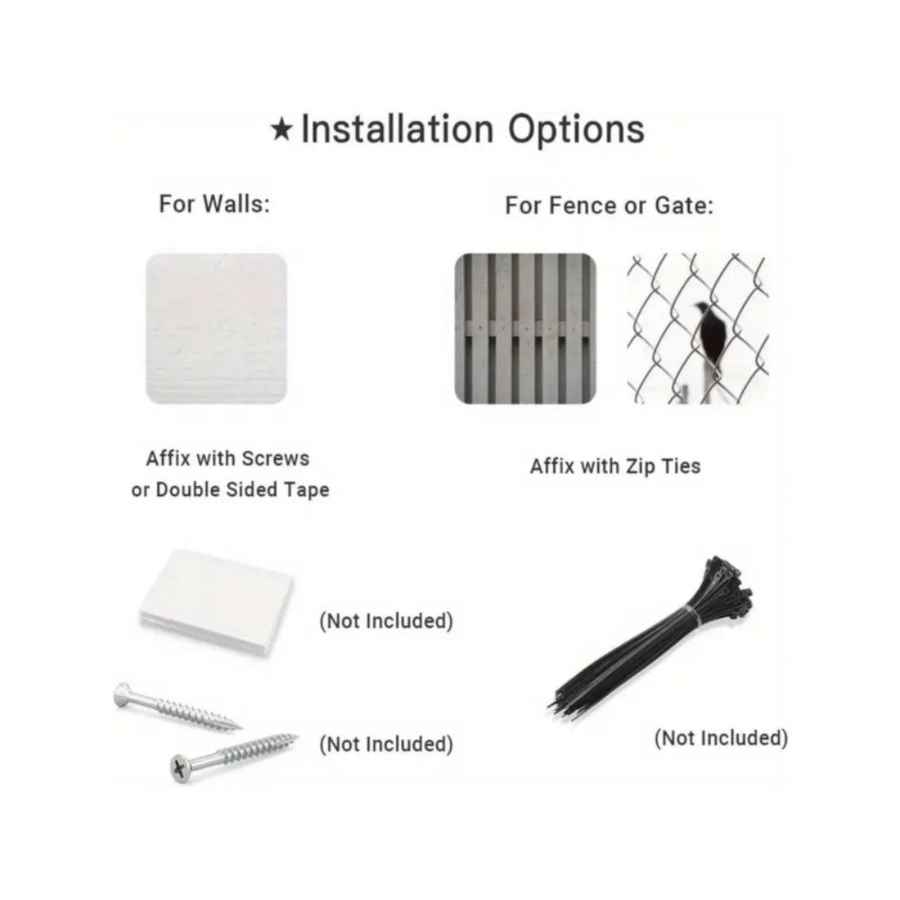 Installation options for walls and fences with screws, double-sided tape, zip ties, and a bird silhouette.