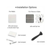 Installation options for walls and fences with screws, double-sided tape, zip ties, and a bird silhouette.