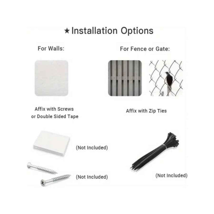 Installation options for walls and fences with screws, double-sided tape, zip ties, and a bird silhouette.