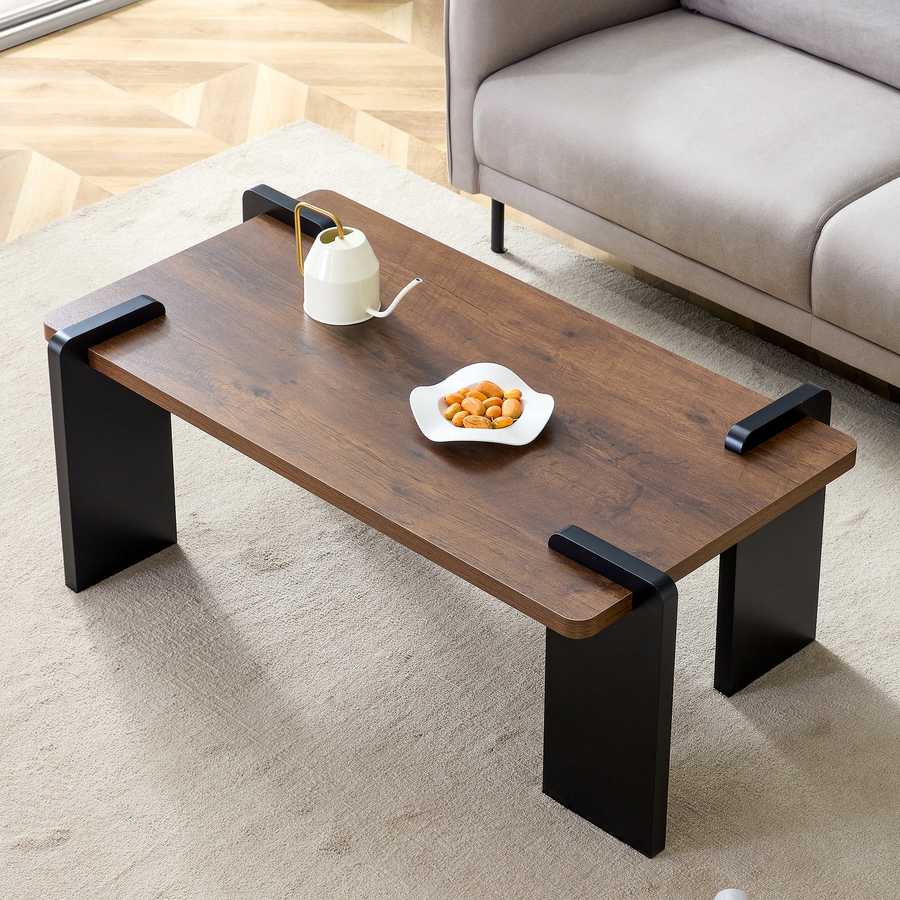 Modern Walnut MDF Coffee Table styled in a minimalist living room, showcasing its clean lines and functional design for accent furniture use.