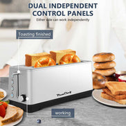 PlumChef 4-Slice Toaster with Wide Slots and dual independent control panels, allowing separate toasting on each side for customized results.
