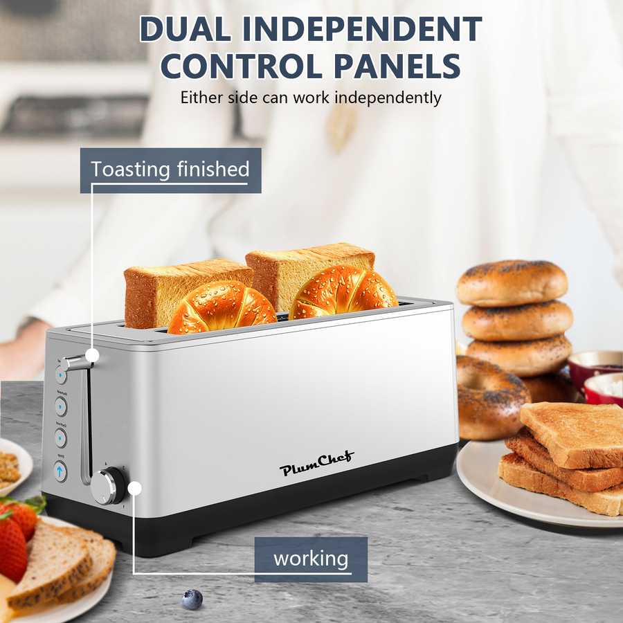 PlumChef 4-Slice Toaster with Wide Slots and dual independent control panels, allowing separate toasting on each side for customized results.