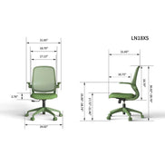 Green office chair with dimensions labeled on a white background
