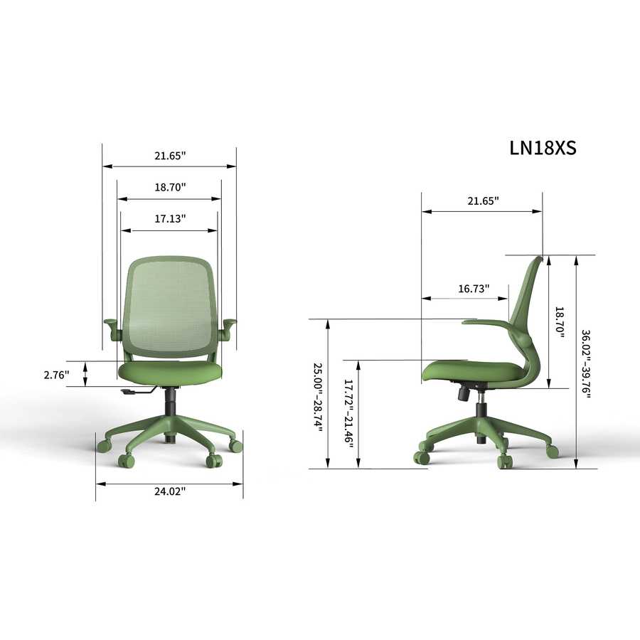 Green office chair with dimensions labeled on a white background