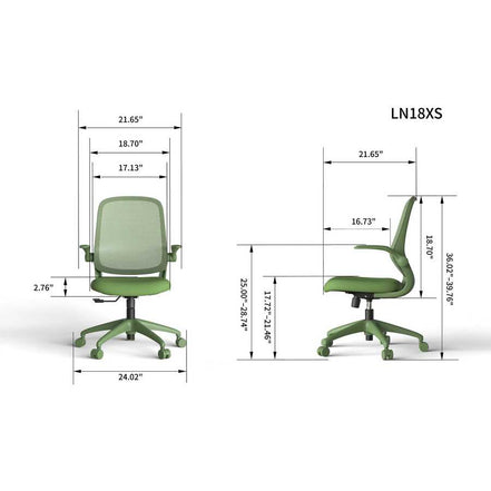 Green office chair with dimensions labeled on a white background