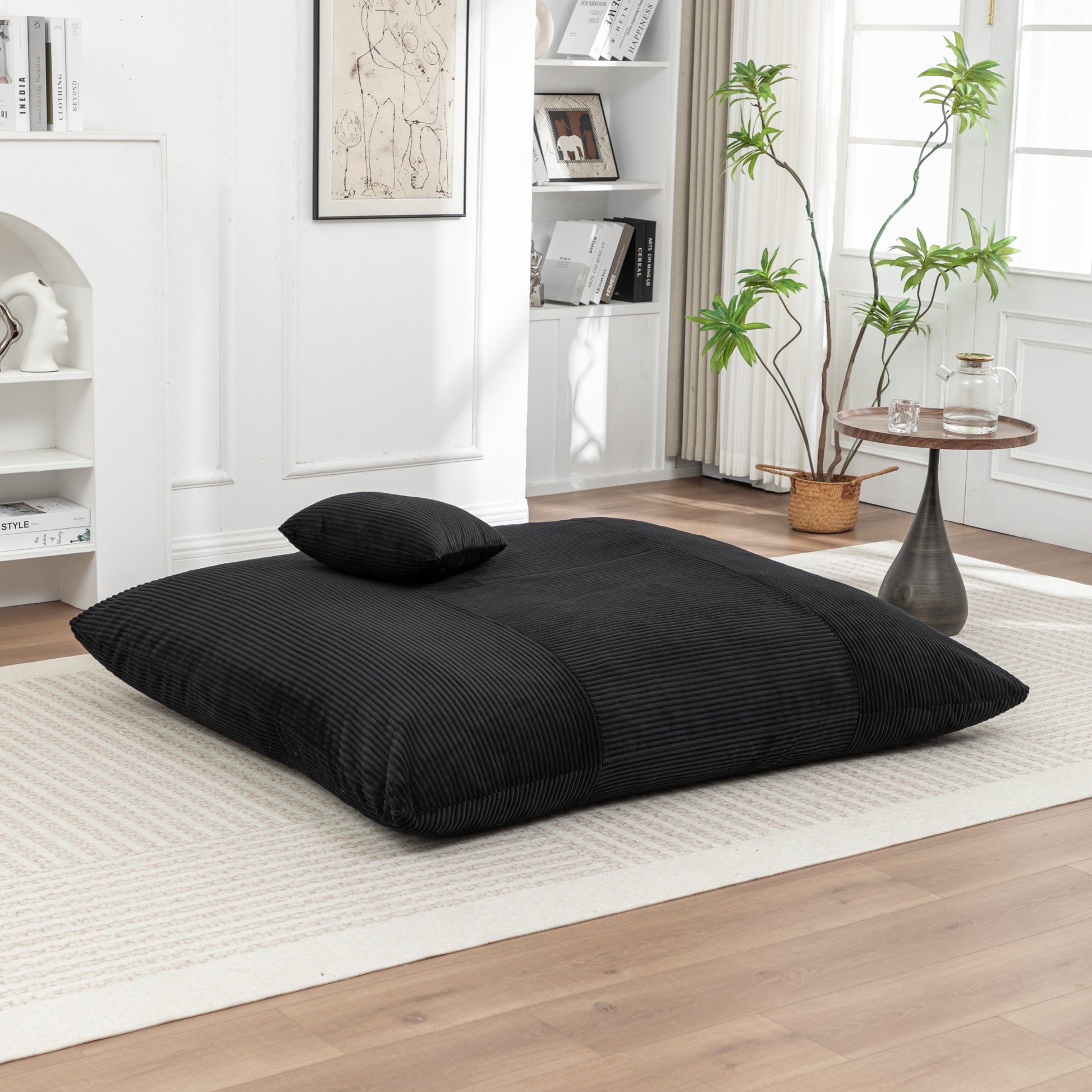 Corduroy Bean Bag Chair - Lounger for Adults & Kids in black, shown in flat position for lounging or napping comfort.