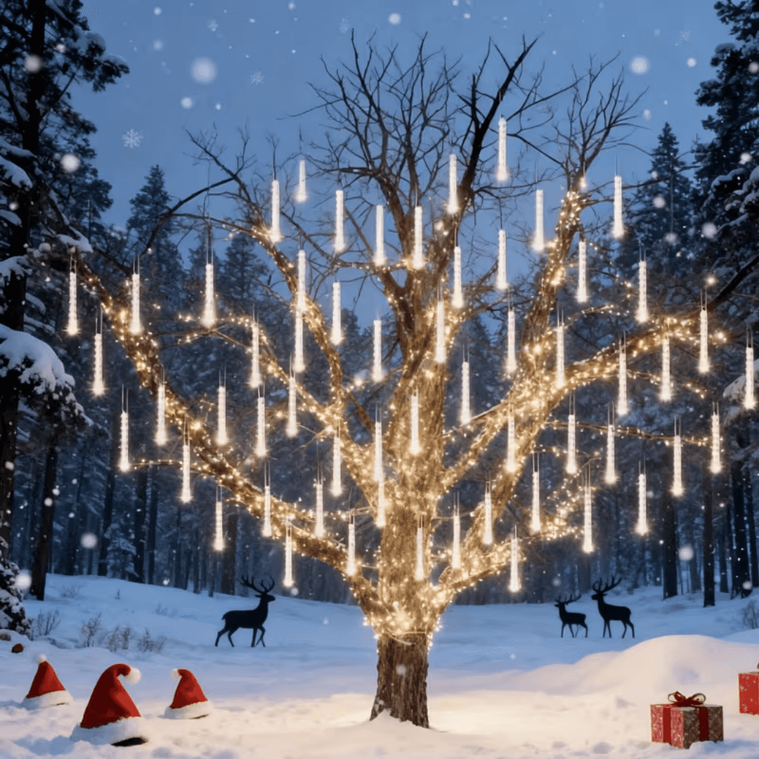 Tree in a snowy forest lit with meteor shower lights and reindeer