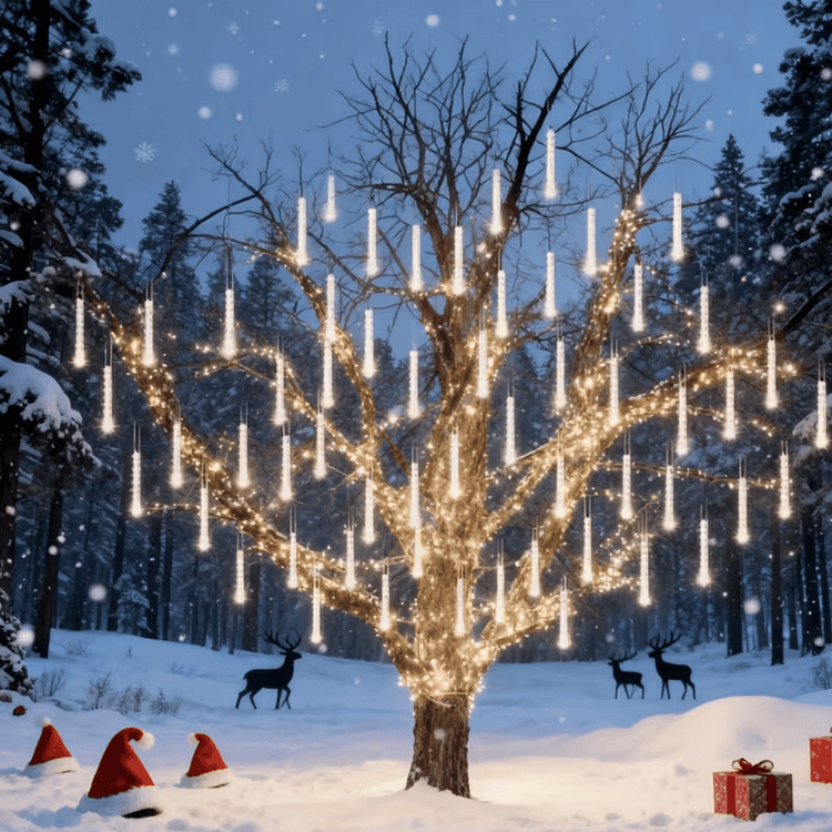 Tree in a snowy forest lit with meteor shower lights and reindeer