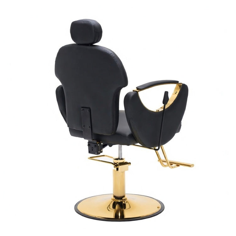 A black barber-style salon chair with a gold hydraulic base and armrest accents, shown from the back on a plain white background.