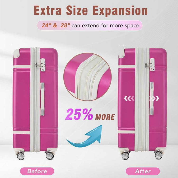 Pink suitcase with text indicating extra size expansion feature on a white background