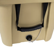 Beige storage box with a black handle and chain on a white background