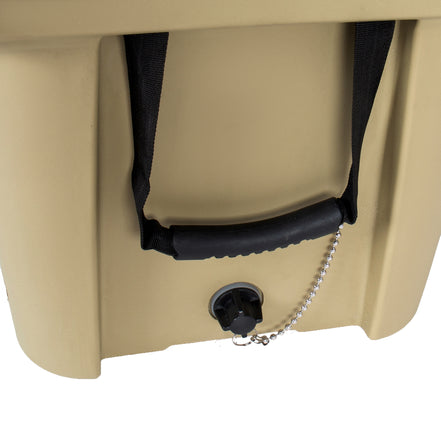 Beige storage box with a black handle and chain on a white background