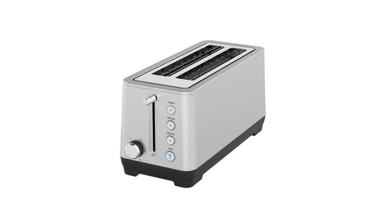 Close-up of PlumChef 4-Slice Toaster control panel with defrost, reheat, and cancel buttons, plus browning dial for precise toasting control.