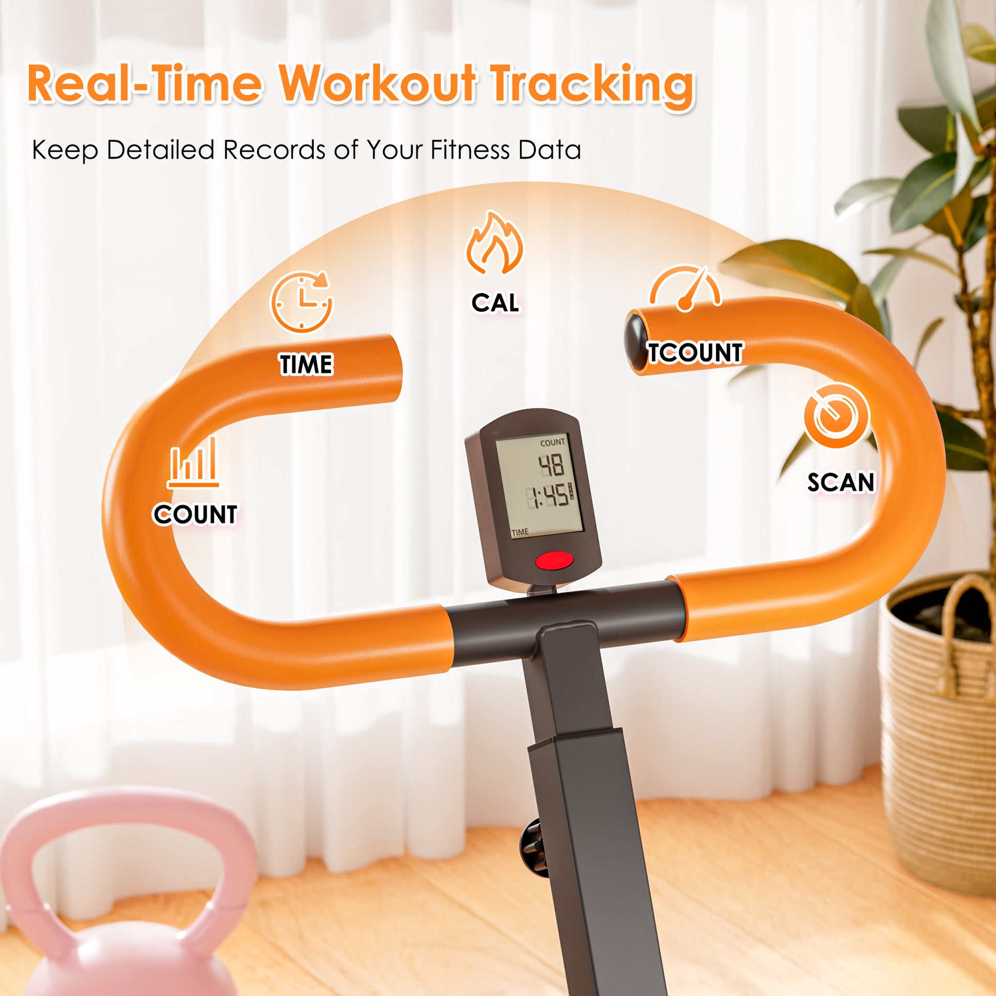 Real-time workout tracking on Squat Machine Home with digital monitor displaying time, calories, reps, and scan functions.