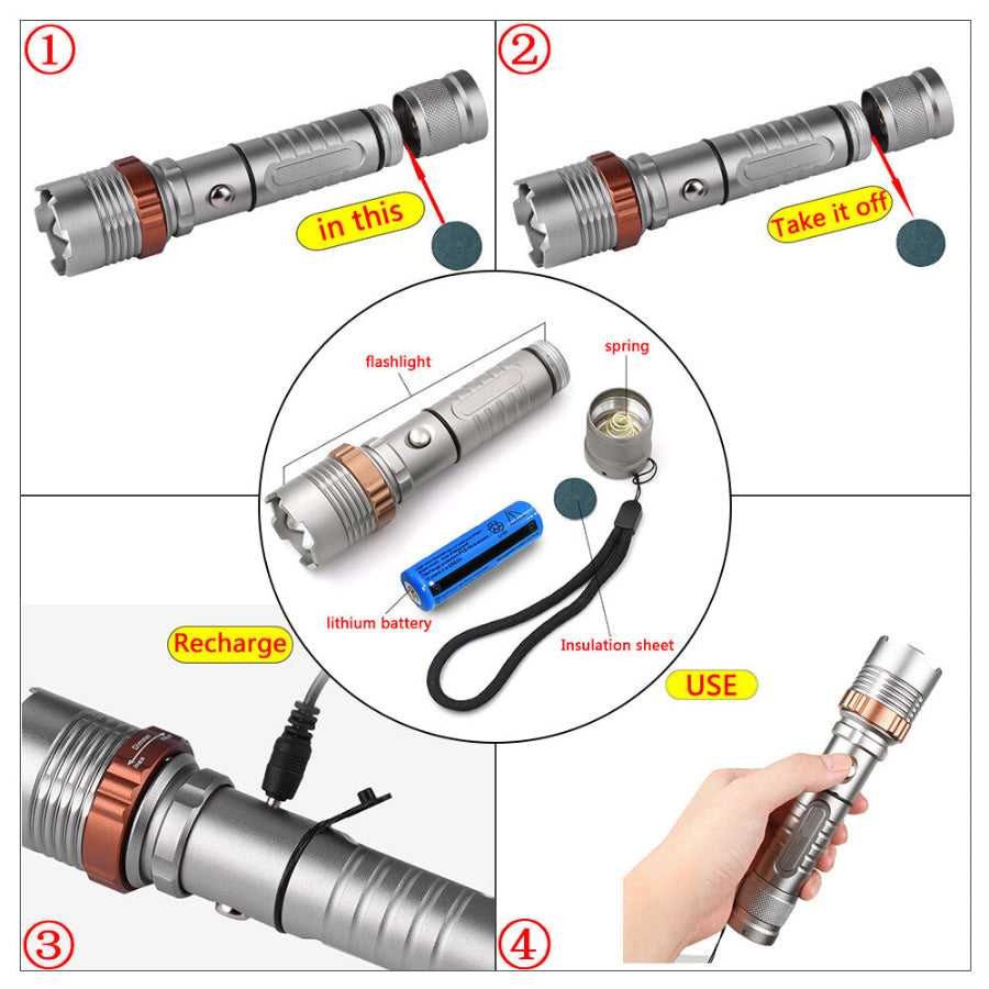 Step-by-step guide to assembling and charging the rechargeable LED flashlight. Includes lithium battery, charger, and flashlight components.