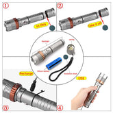 Step-by-step guide to assembling and charging the rechargeable LED flashlight. Includes lithium battery, charger, and flashlight components.