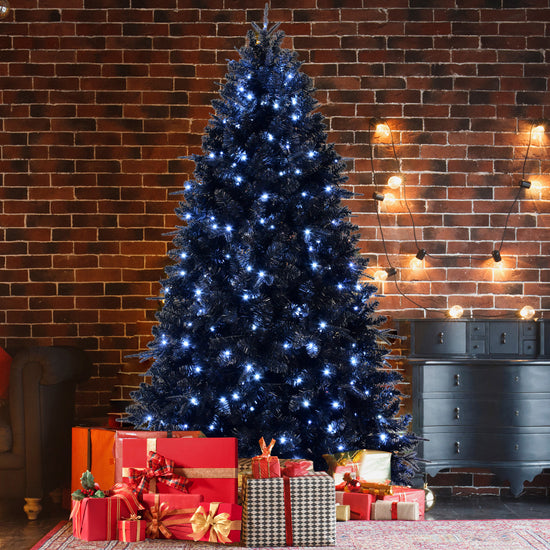 6ft Black Christmas Tree with 350 White LED Lights, 1460 Tips PE+PVC Artificial Tree for Halloween & Holiday Decor, Hinged Structure with Stable Metal Stand