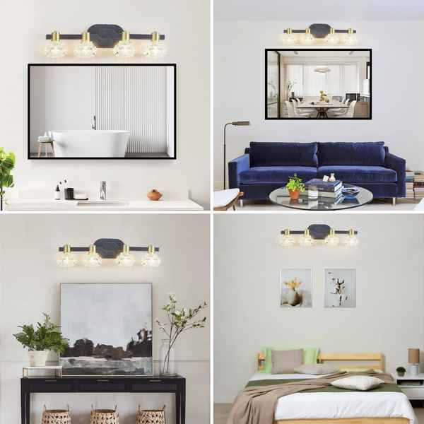 Collage of interior design elements including a blue sofa, wall lights, and framed pictures.
