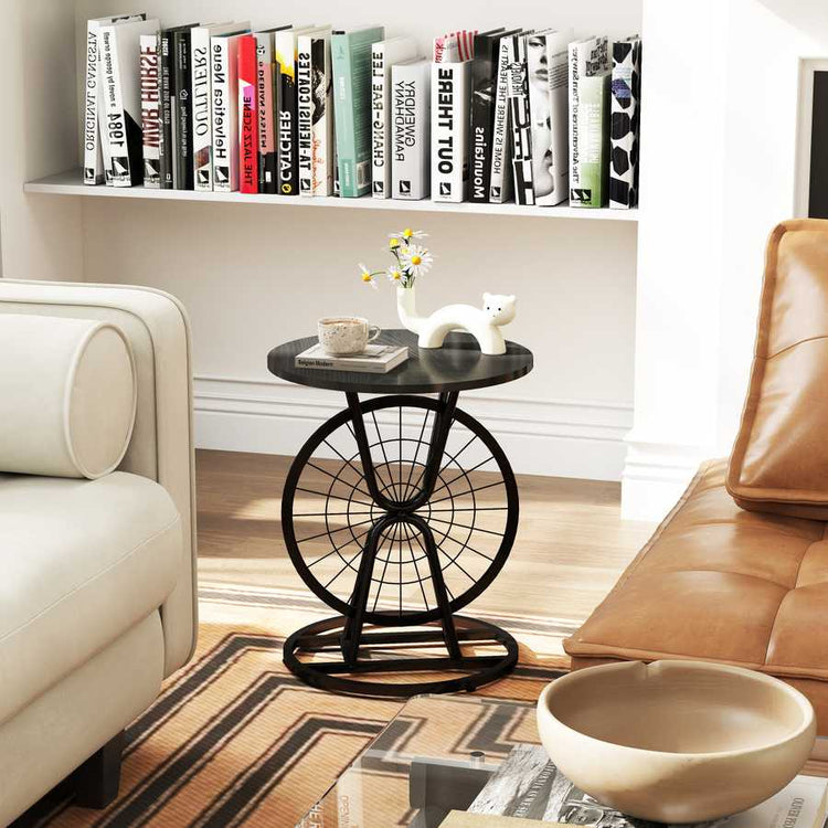 2 Piece Vintage Industrial Wheel Design Side Table, Round Accent Table with Metal Frame, Rustic Coffee Table for Living Room, Bedroom, and Office