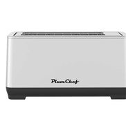Side view of PlumChef 4-Slice Toaster with Wide Slots - compact stainless steel design with black base, perfect for modern kitchen countertops.
