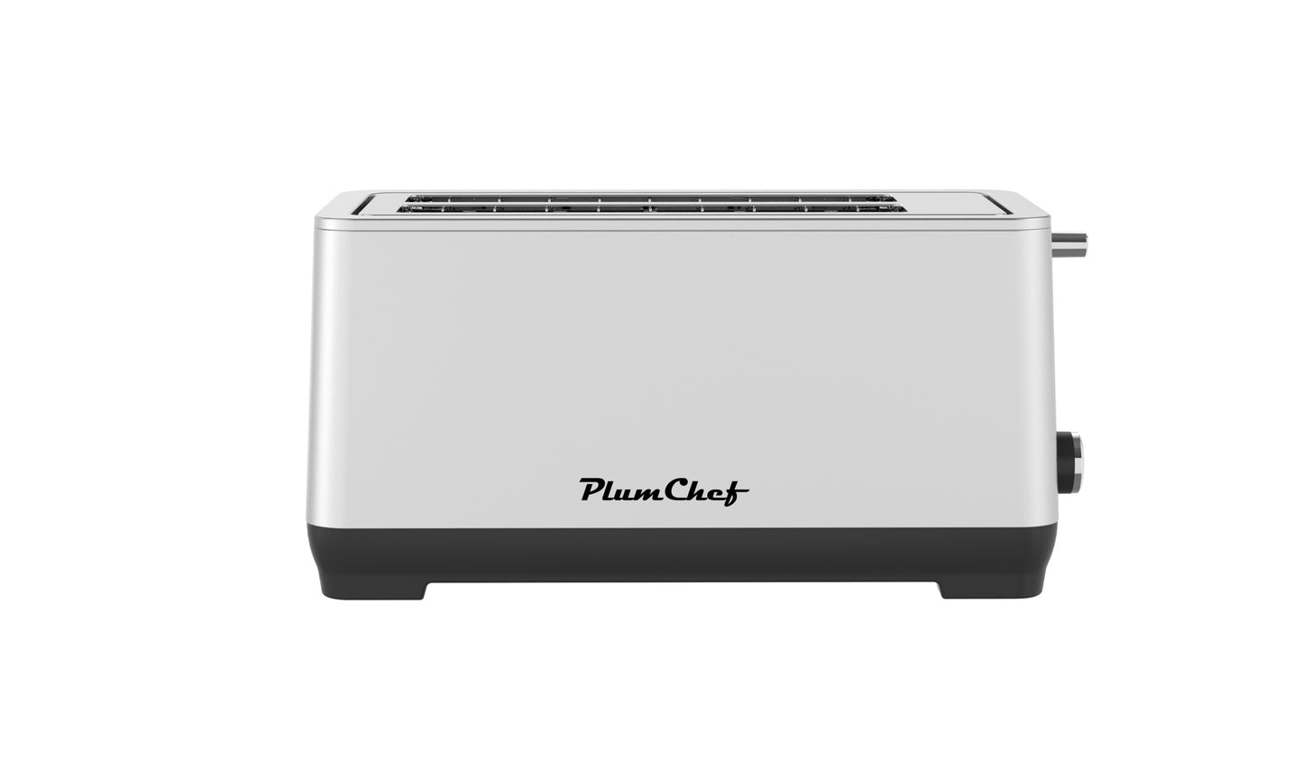 Side view of PlumChef 4-Slice Toaster with Wide Slots - compact stainless steel design with black base, perfect for modern kitchen countertops.