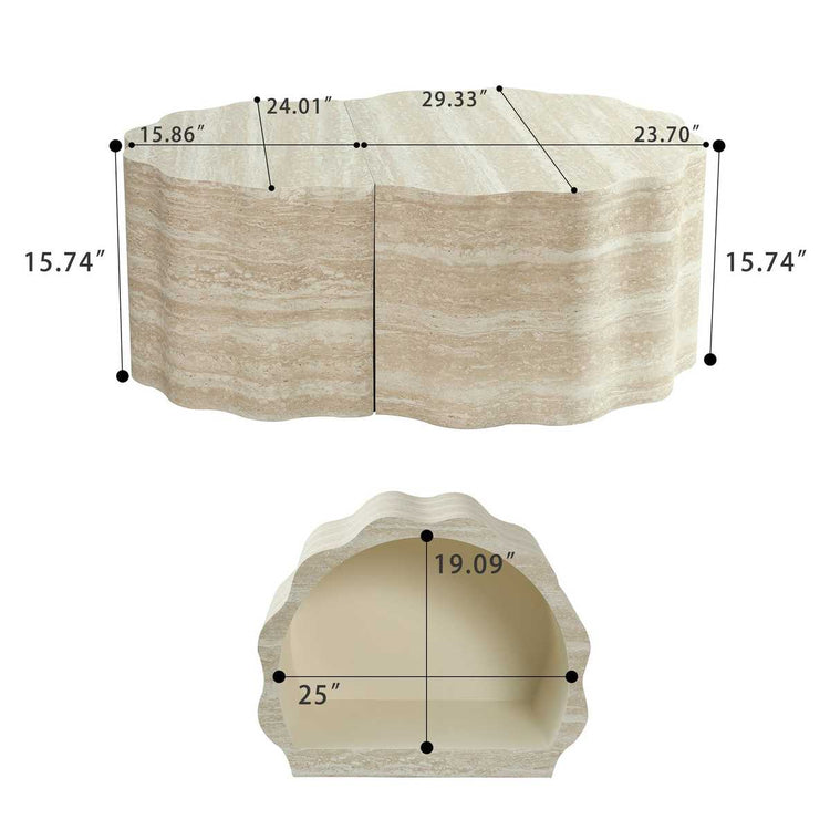 Interior view of beige marble round nesting coffee tables with scalloped edges, showcasing elegant design for living room