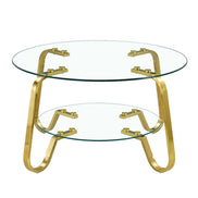 Glass coffee table with vintage gold metal frame and two-tier round design, ideal for contemporary interiors.