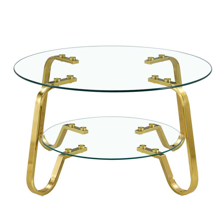 Glass coffee table with vintage gold metal frame and two-tier round design, ideal for contemporary interiors.