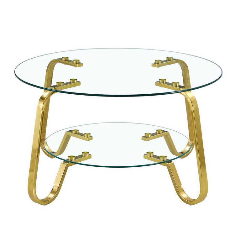 Glass coffee table with vintage gold metal frame and two-tier round design, ideal for contemporary interiors.