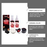 Makeup kit with bottles and packaging on a white background, featuring text about propylene glycol, caramel color, and hydroxyethyl cellulose.