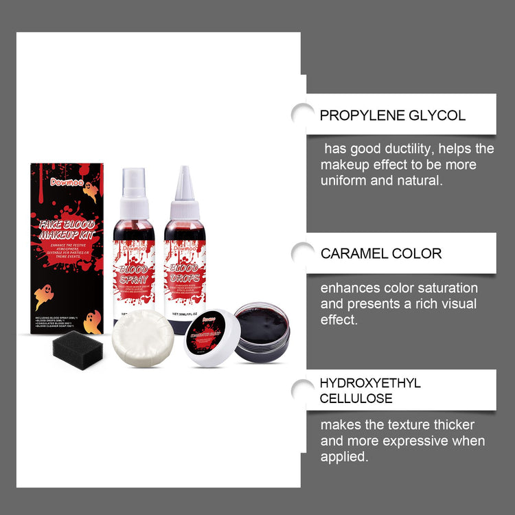Makeup kit with bottles and packaging on a white background, featuring text about propylene glycol, caramel color, and hydroxyethyl cellulose.
