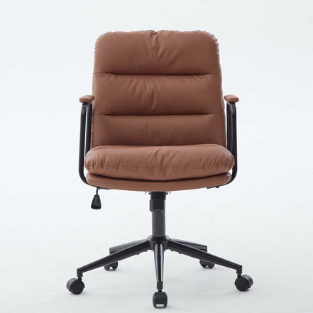 Front view of brown ergonomic office chair with cushioned seat and adjustable height. Perfect for home or office desk use.